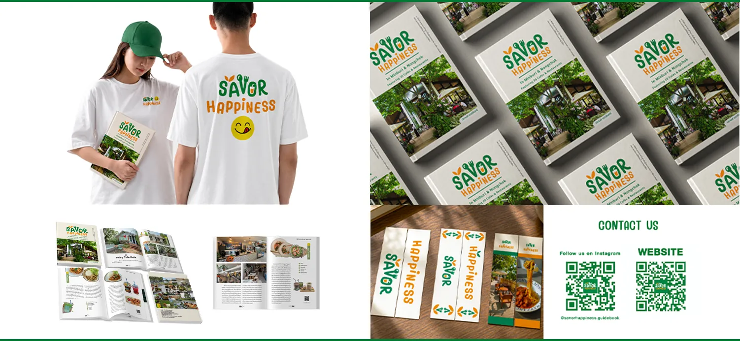 Savor Happiness — Mockup เสื้อยืด หมวก คู่มือไดอารีปุ๊ก A5 และสื่อบรรจุภัณฑ์